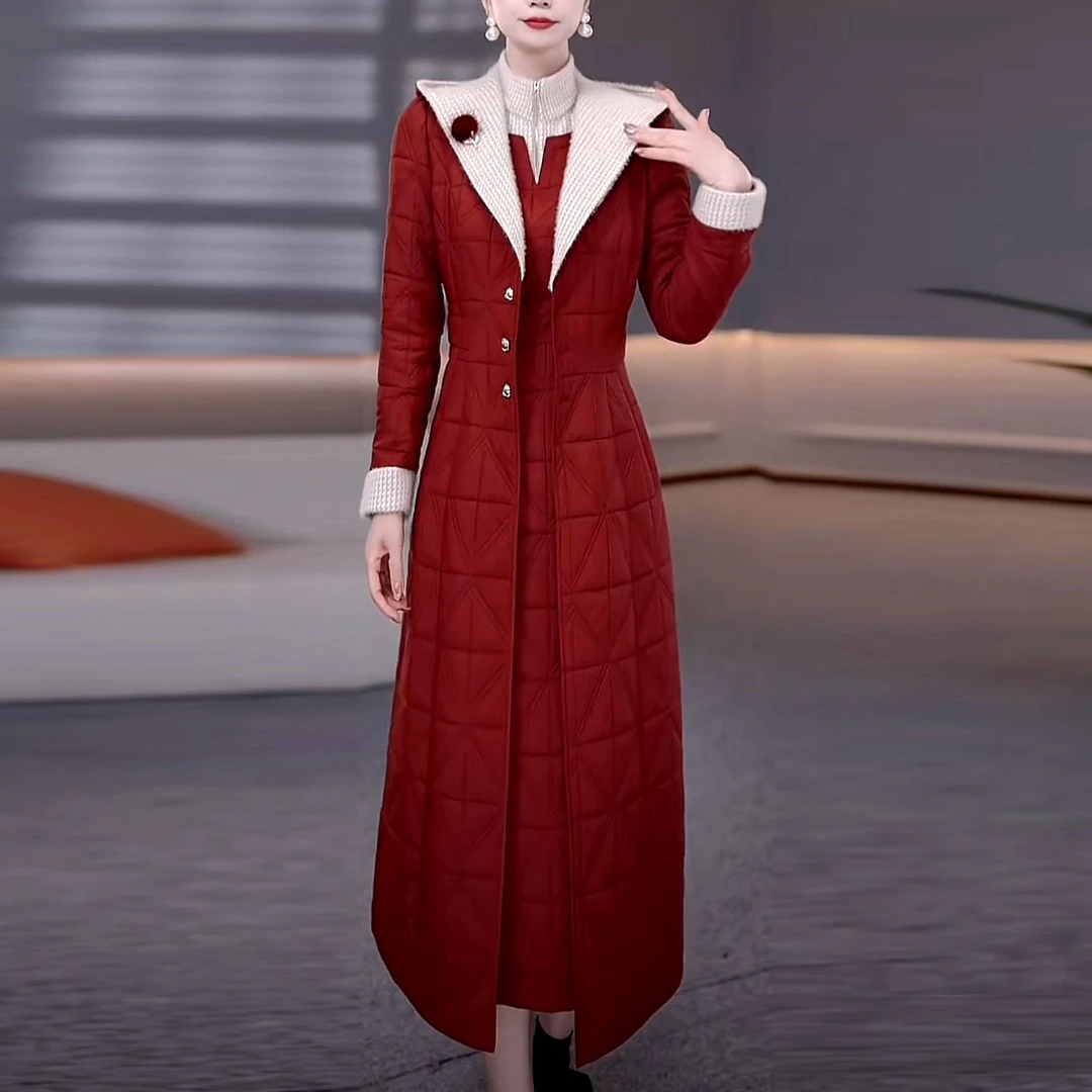 时尚气质夹棉连帽大衣连衣裙套装2025秋冬新款中长款加厚棉衣套装