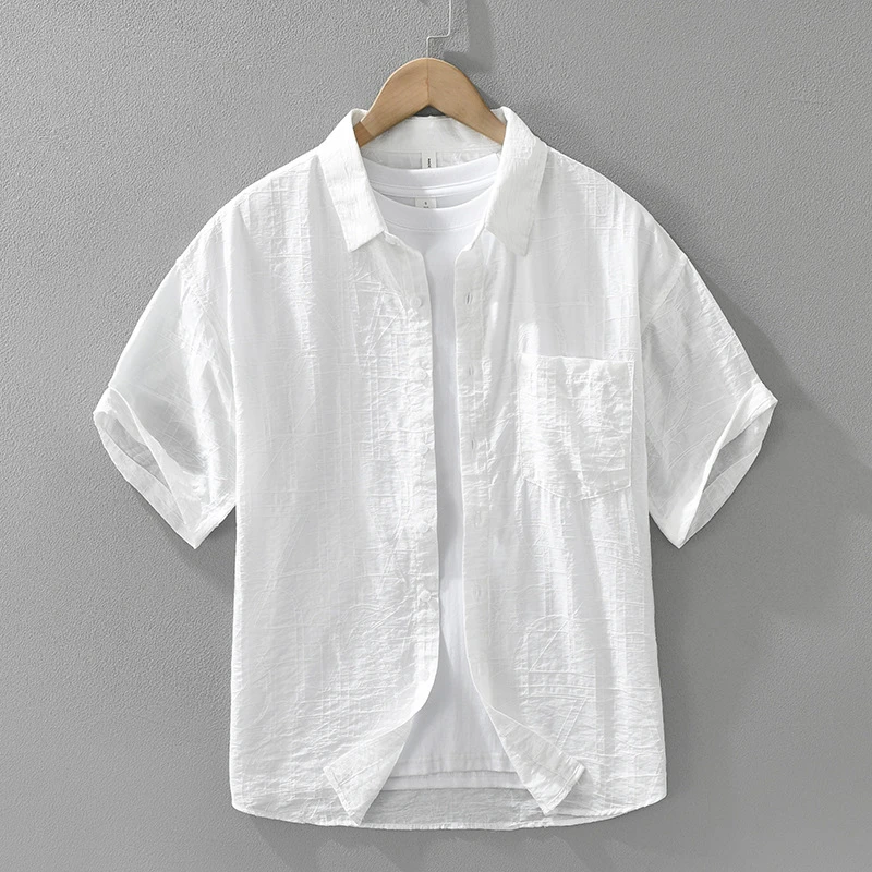 天丝混纺棉夏季薄款褶皱肌理感短袖衬衫男港风文艺透气凉感8961