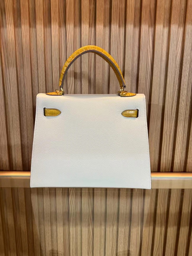 KK230【外缝凯】奶昔白拼黄 25CM 手掌纹鳄鱼纹扣条 斜挎女包