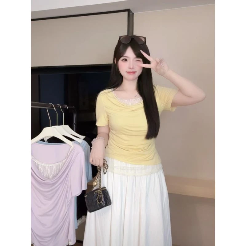 【现货】胖mm夏季新款荡领短袖蕾丝拼接假两件设计时尚显瘦T恤05006