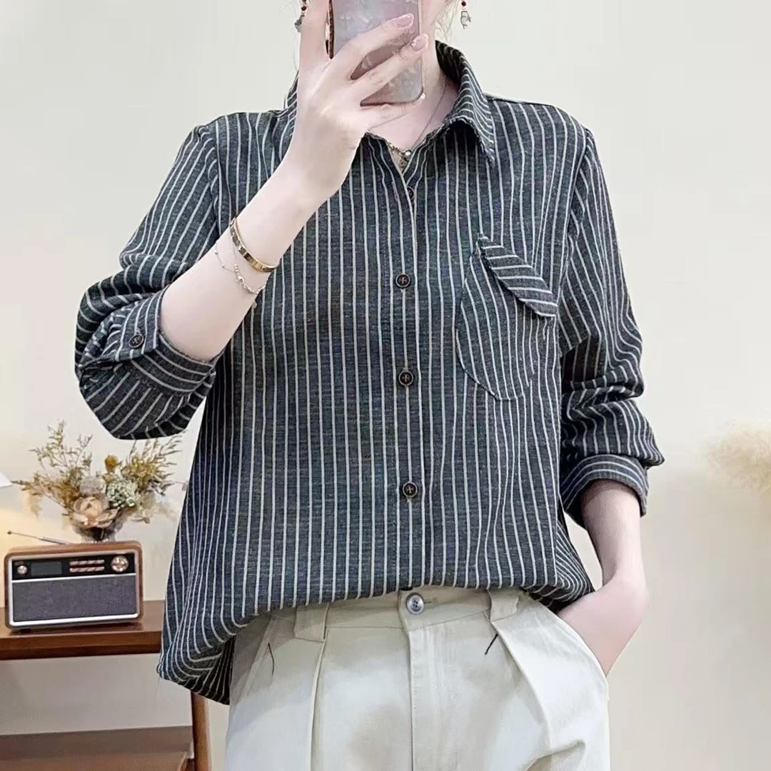 2025春秋新款韩版竖条纹衬衫女长袖文艺百搭衬衣外搭洋气上衣女
