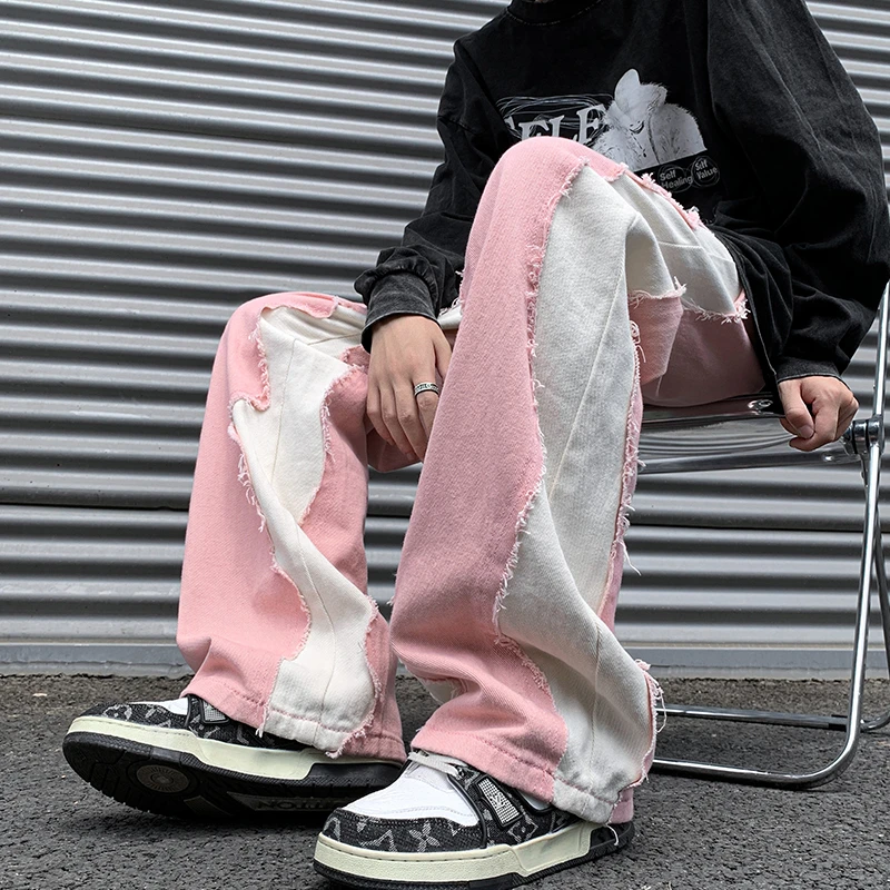 GEMINI 超大码美式街头小众风格鸳鸯粉黑拼接直筒休闲牛仔裤