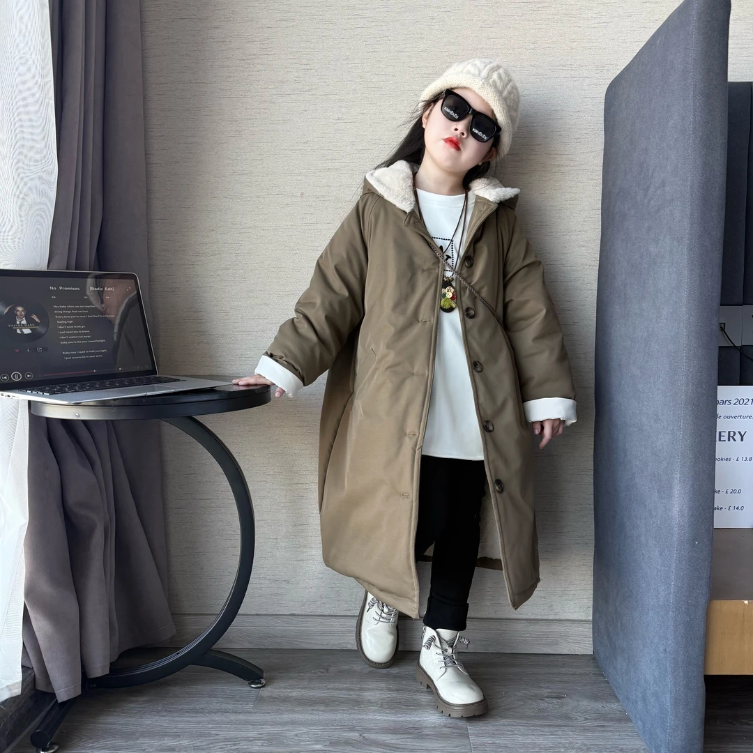 女童冬季韩版时髦长款大棉被外套中大童女孩加绒夹棉风衣棉服外套