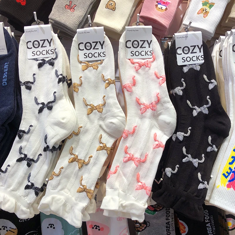 COZY芭蕾风蝴蝶结少女袜韩国进口春夏新款袜子木耳边中筒网眼棉袜