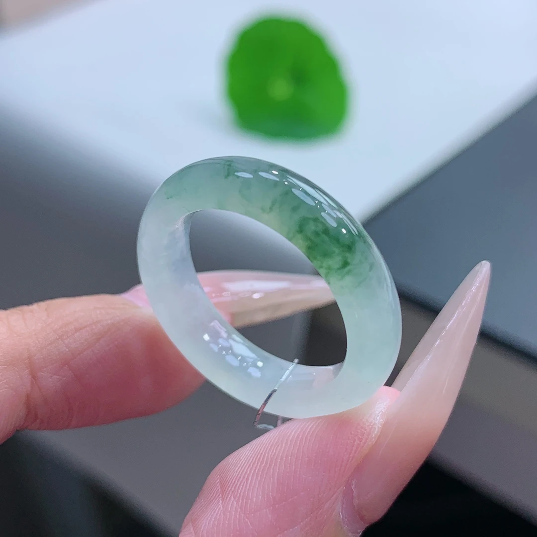 18-19圈 缅甸天然A货翡翠 冰种飘花戒指指环 18.5-5.7-3.8mm