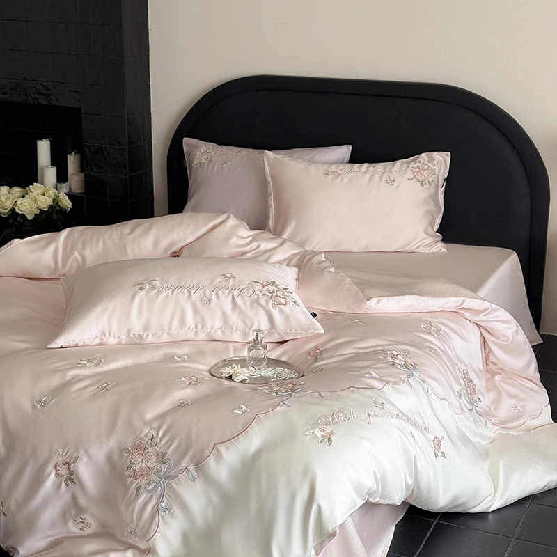 ROWHOLLY泡芙发带 夏季兰精天丝刺绣四件套轻奢绣花丝滑特柔软