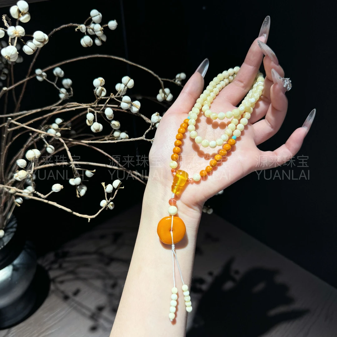L*暖珀金声*鸡油黄白蜜蜡毛衣链YY3468