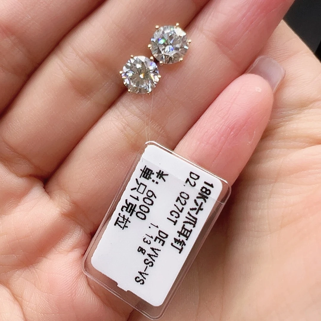 耳钉实验室培育钻石18K金镶嵌2.027ct K黄六爪耳钉单只约1克拉