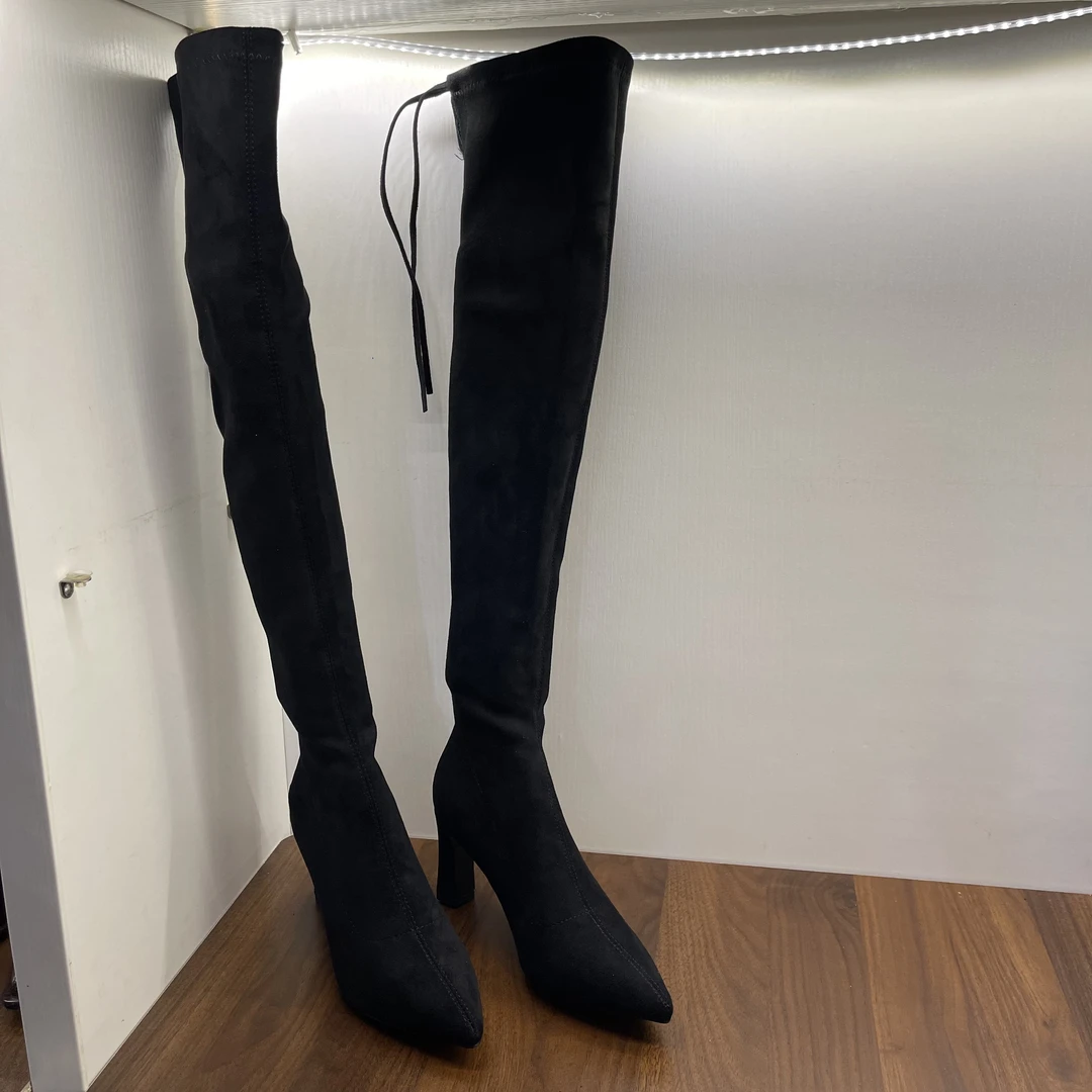 Q1175-21过膝粗跟长筒粗跟尖头弹力靴黑色高筒靴女鞋长靴时装靴