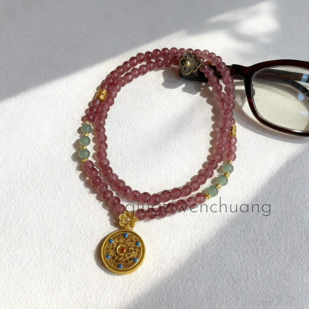 合金琉璃项链 DL- 1316-琉璃项链-草莓色晶五福圆满项链