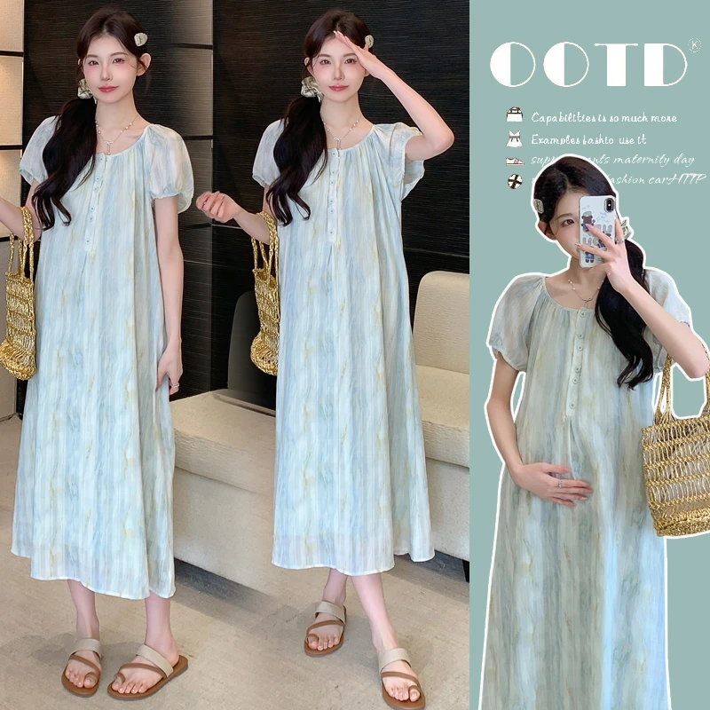 2025夏季新款扎染渐变气质高级感复古开扣显瘦孕妇中长款连衣裙
