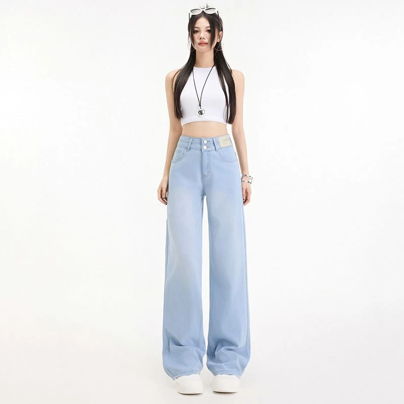 【全额运补】双扣莱赛尔牛仔裤女夏季薄款显瘦直筒高腰拖地阔腿裤
