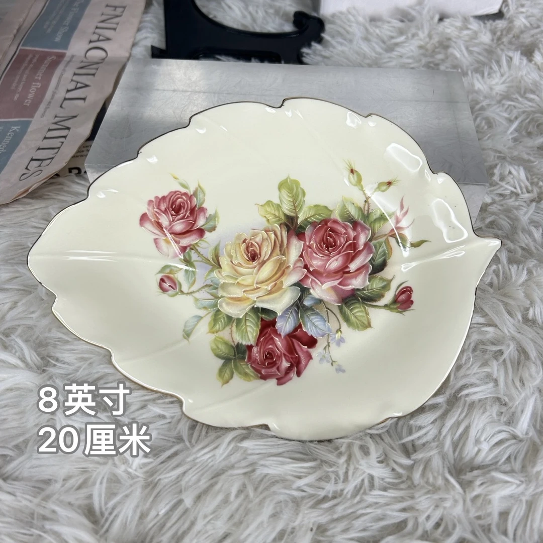 【玲珑专属】陶瓷欧式象牙黄老镇玫瑰系列8英寸点心碟