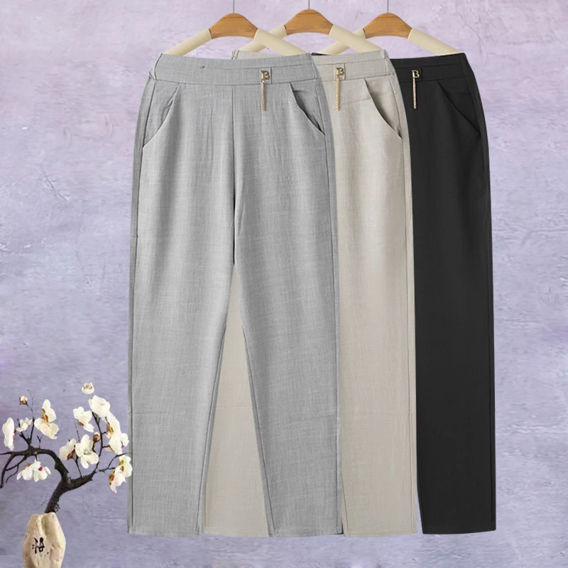 棉麻九分裤女夏2025新款中老年松紧腰女直筒裤子显瘦宽松妈妈裤薄