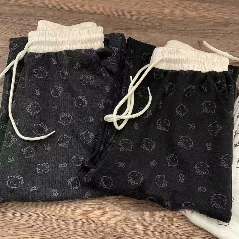 kitty猫印花裤女大码胖mm春夏款宽松韩系慵懒风松弛感阔腿休闲裤