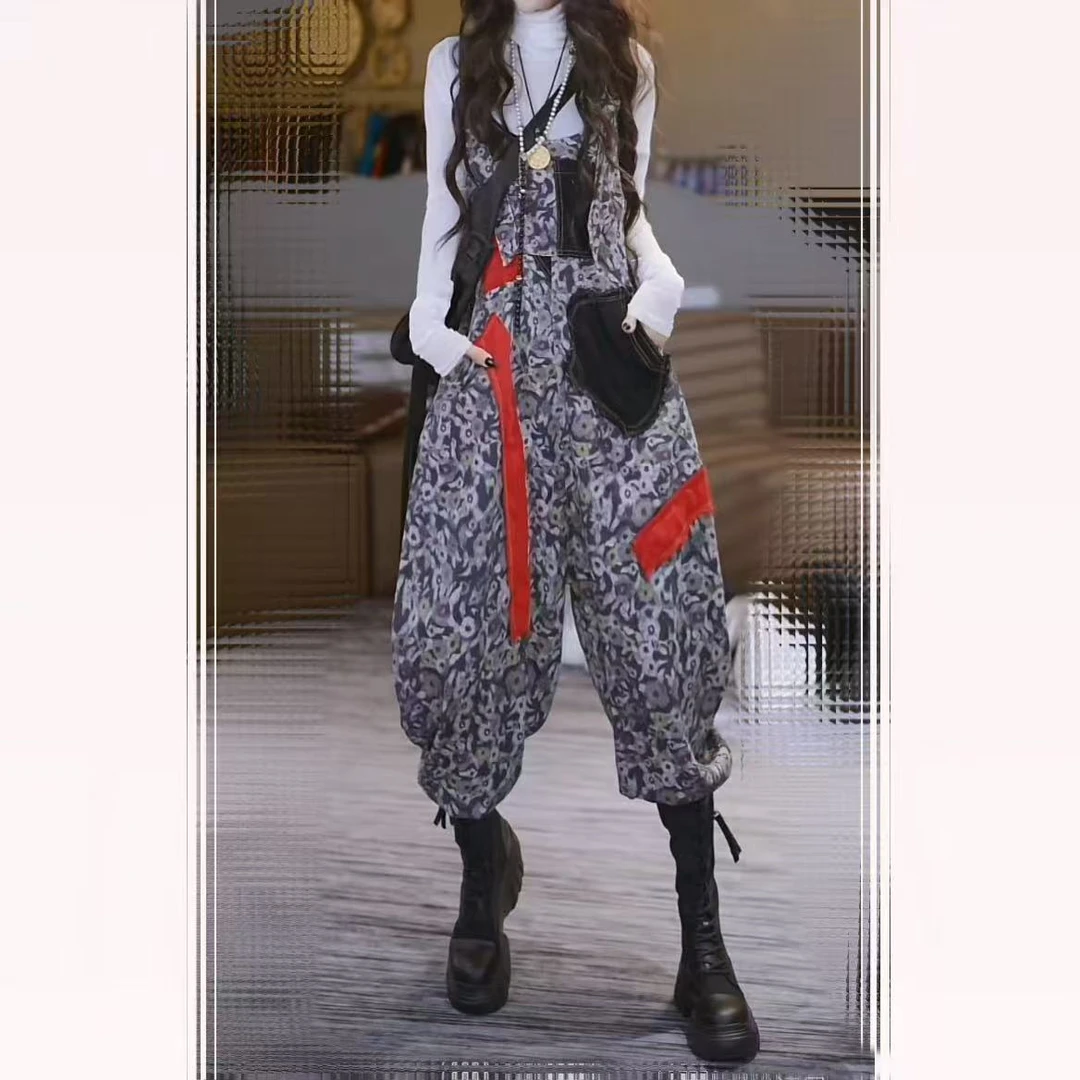 98689#小碎花贴布口袋背带裤