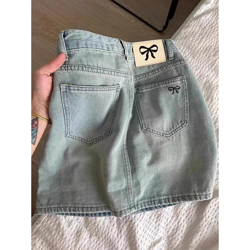 大码美式复古蝴蝶结刺绣牛仔半身裙女夏季辣妹包臀裙a字显瘦短裙