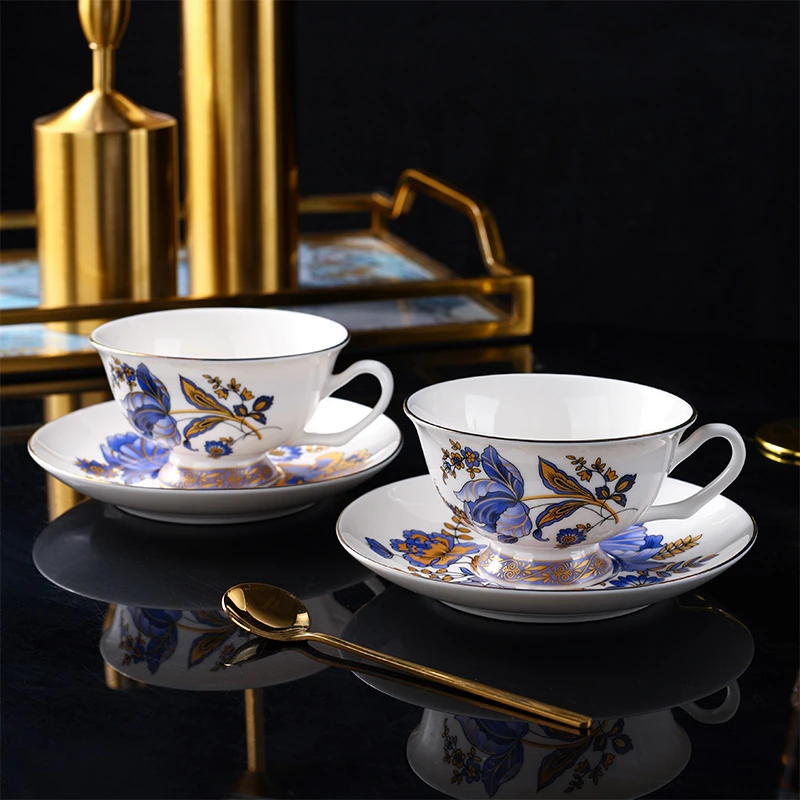 孟垣奢华蓝色妖姬2个装描金咖啡杯碟欧式家用商用套装红茶杯