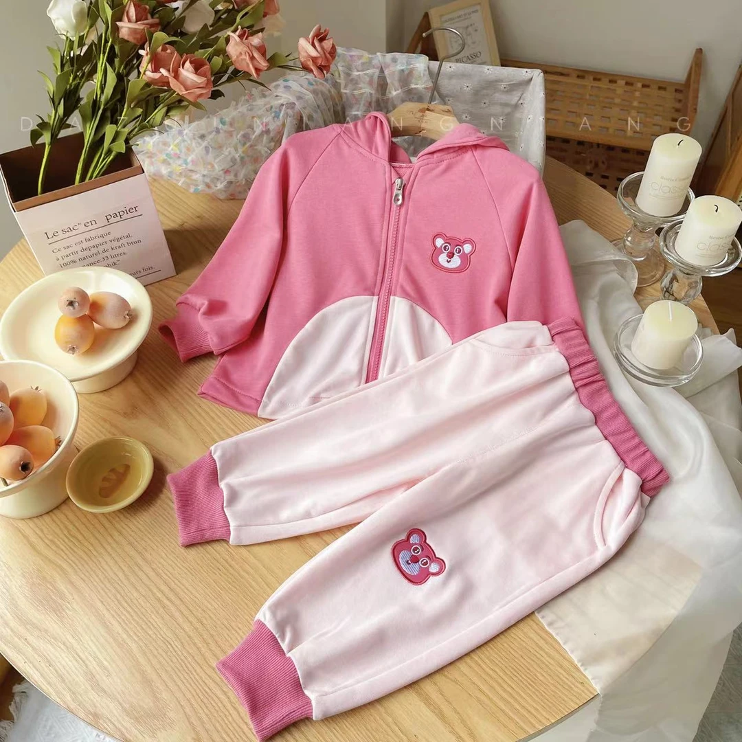 【现货】CT249132春秋新款儿童套装女童休闲连帽卡通卫衣卫裤两件套