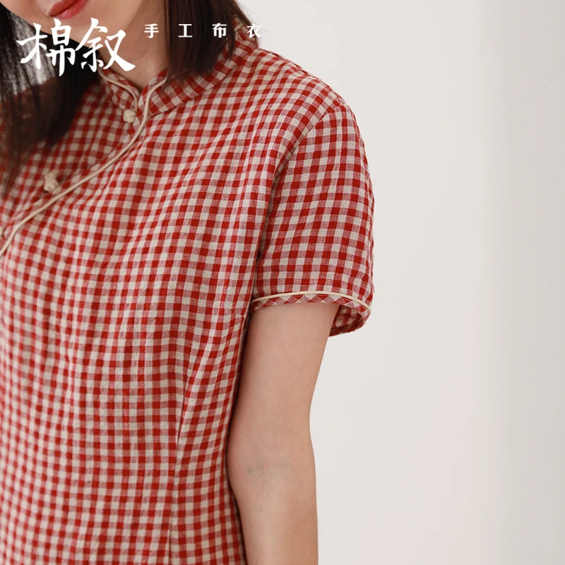 棉叙夏季新中式改良格子短袖连衣裙亚麻文艺复古盘扣旗袍女12035