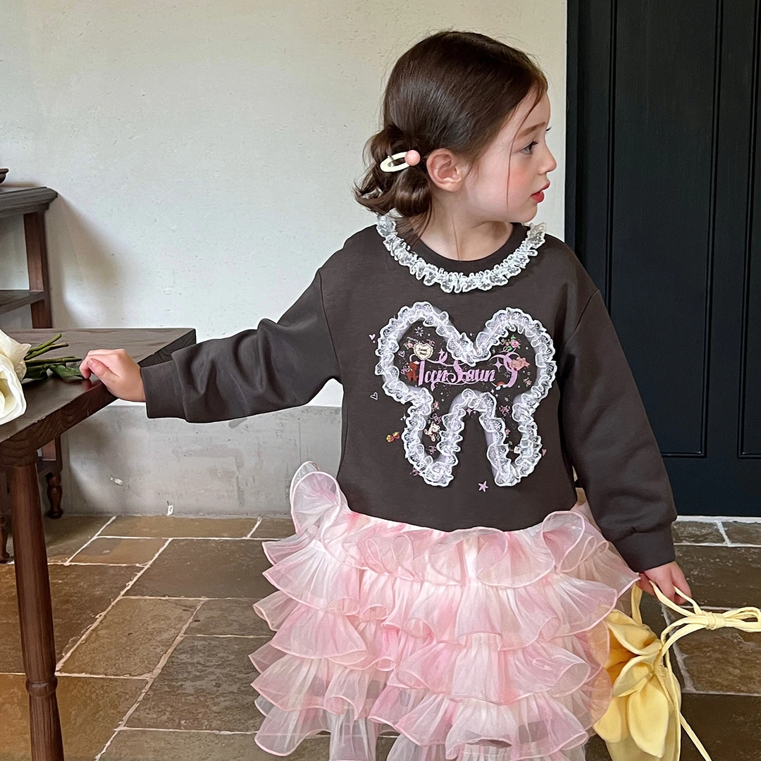 栀了成长记童装女童韩版蕾丝蝴蝶结裙秋季新款儿童宝宝气质连衣裙