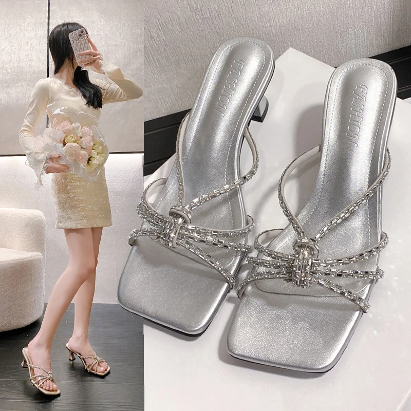 法式高跟凉拖鞋女鞋子外穿2025年夏季新款时尚粗跟仙女风露趾凉鞋