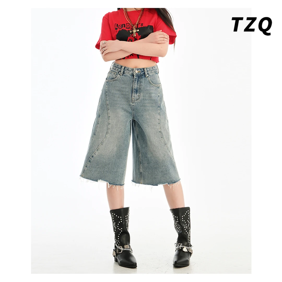 复古水洗2025流行梨形宽松七分牛仔裤女怀旧毛边中裤子TZQ2540822