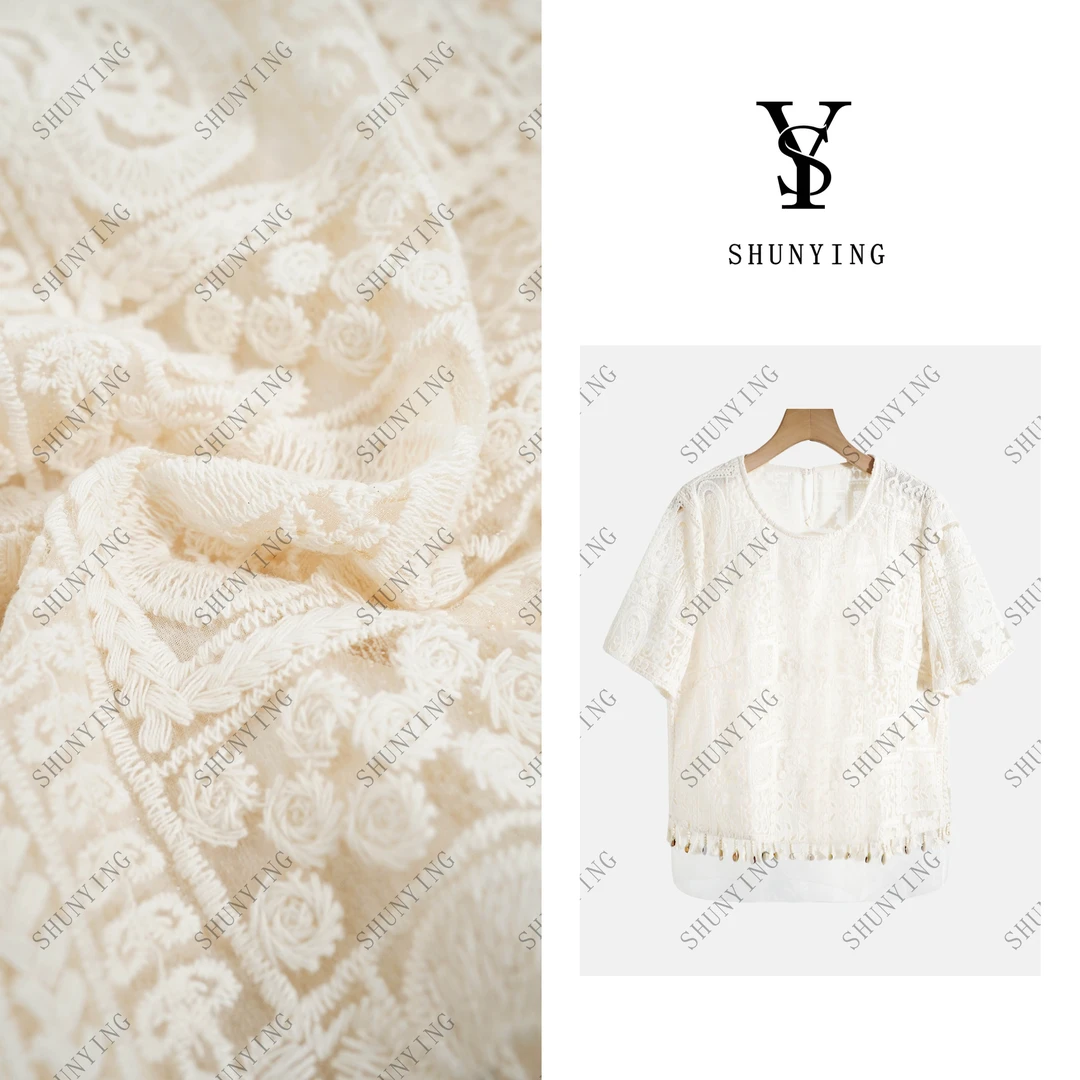【仟娜】轻奢简约~设计感圆领蕾丝刺绣镂空洋气T恤SY72T2629