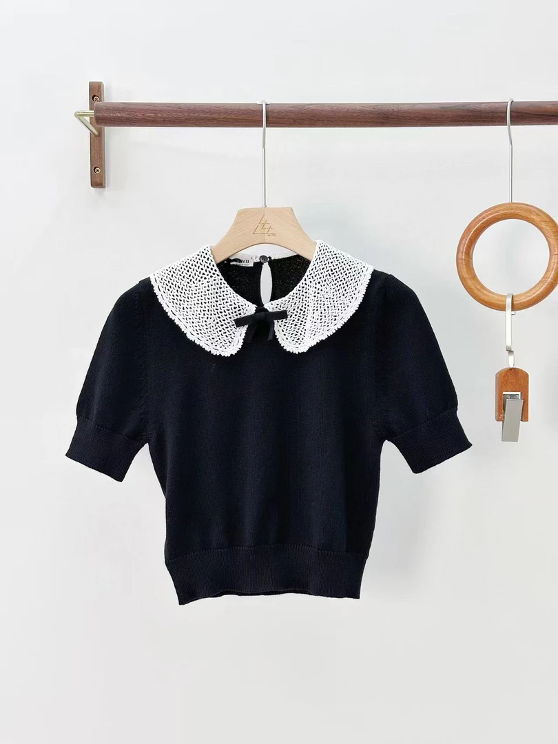 未使用 MIU MIU/缪缪 缪缪  女士黑色针织翻领娃娃领短款短袖