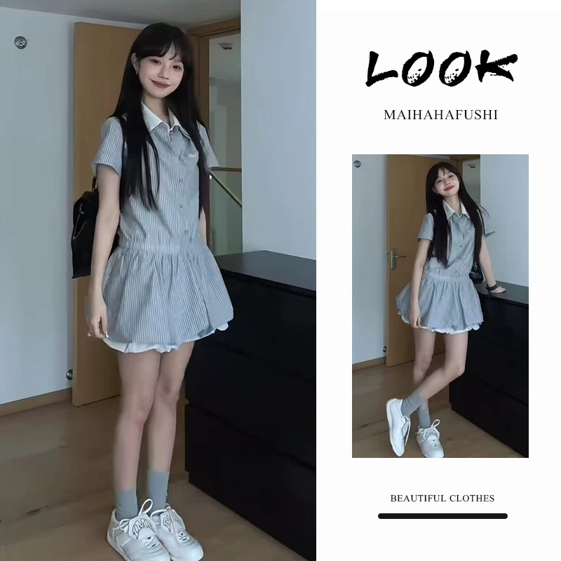 夏季时尚一整套女装2025新款爆款学院风设计感甜美可爱条纹连衣裙