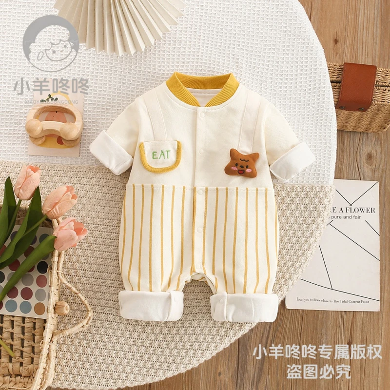 D春秋新款黄竖条纹小熊拼接双层男女宝宝可爱洋气连体哈衣爬服