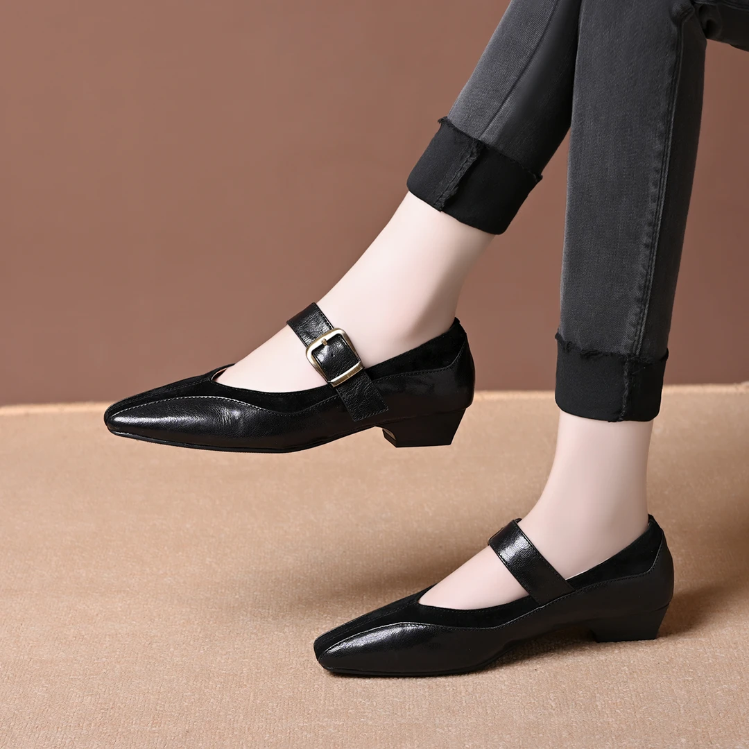 玛丽珍女3cm拼接新款真皮单鞋女低跟法式复古鞋配裙子绝美春秋鞋