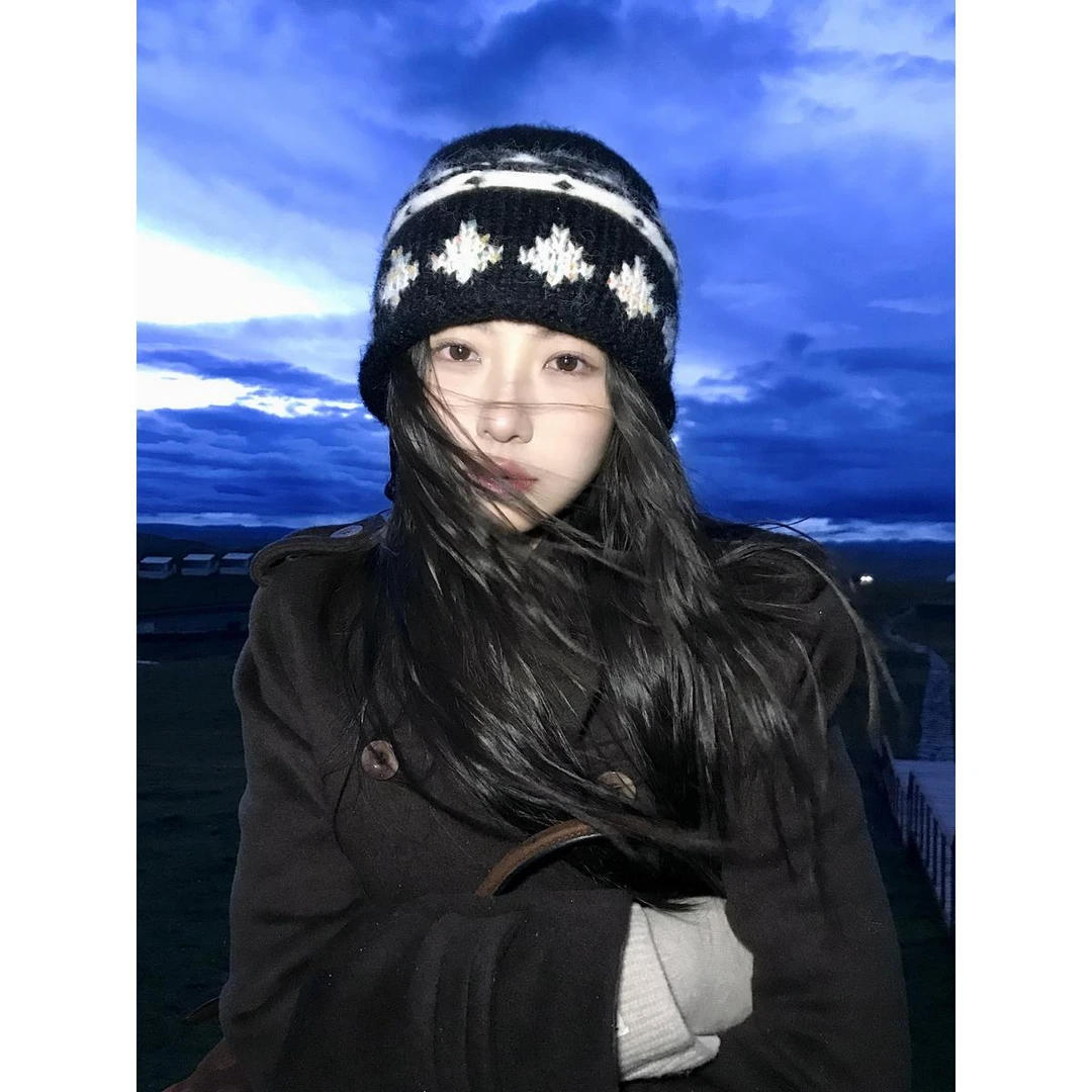 复古提花费尔岛针织毛线帽女秋冬保暖显脸小包头帽卷边冷帽爆款