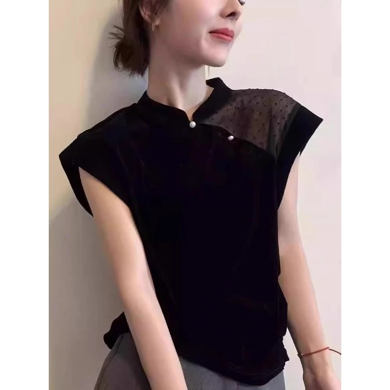2025夏季新款女士时尚百搭中式无袖立领上衣黑色透气显瘦丝绒T恤