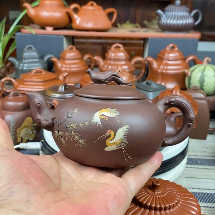 茶壶紫砂松鹤延年300cc原矿黄龙山老紫泥全手工泥绘