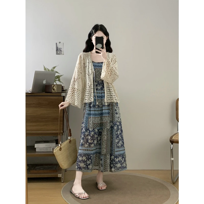 实拍-大码胖MM夏季新款波西米亚度假风图腾吊带裙+蕾丝披肩两件套