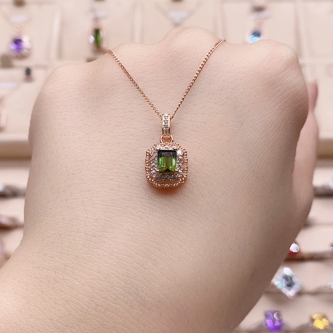 银S925镶嵌碧玺颈饰吊坠