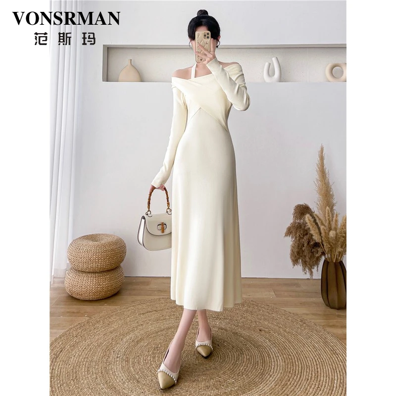 VONSRMAN交叉收腰连衣裙女2025秋季新款时尚针织气质打底内搭长裙