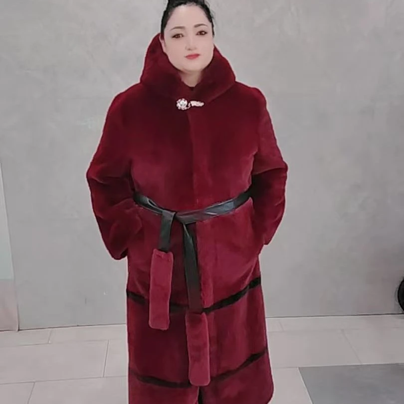 女士秋冬长袖加厚连帽宽松长款人造皮草外套