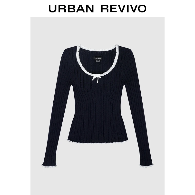 UR2025新款女装撞色木耳边蝴蝶结长袖针织衫UWM950134