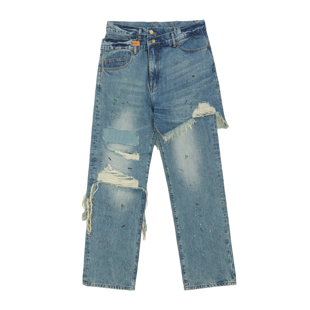 ONBG 日系双层水洗破坏拼接牛仔裤