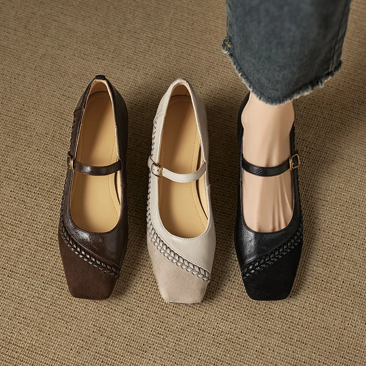 软羊皮~5cm方头浅口一字带真皮女鞋复古拼接坡跟单鞋女法式内增高