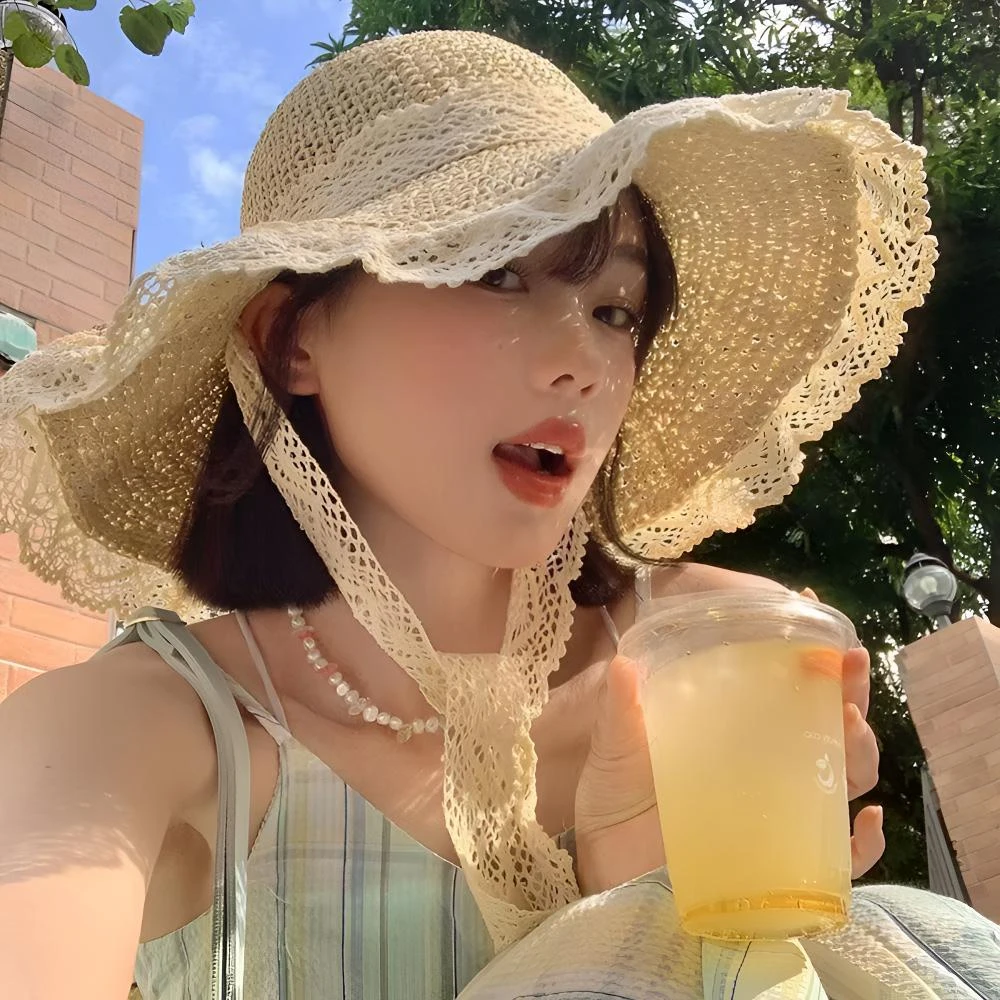 花朵女夏季草帽帽子海边沙滩草帽网红防紫外线清凉感蕾丝百搭