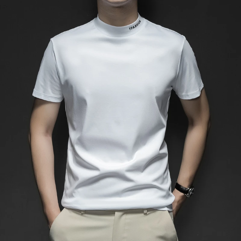 Tispair春夏男士双丝光棉圆领小高领冰丝印花短袖纯色修身内搭T恤
