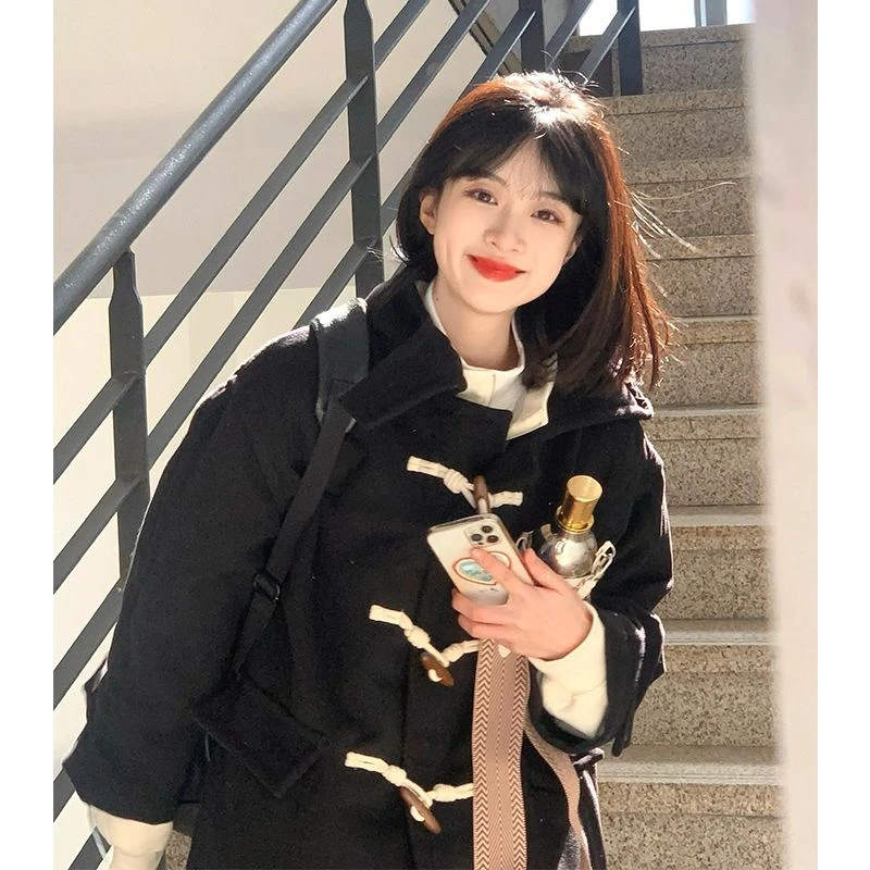 晨领【有烫】【双层帽】【克】长款牛角扣女毛呢外套秋冬季赫本风