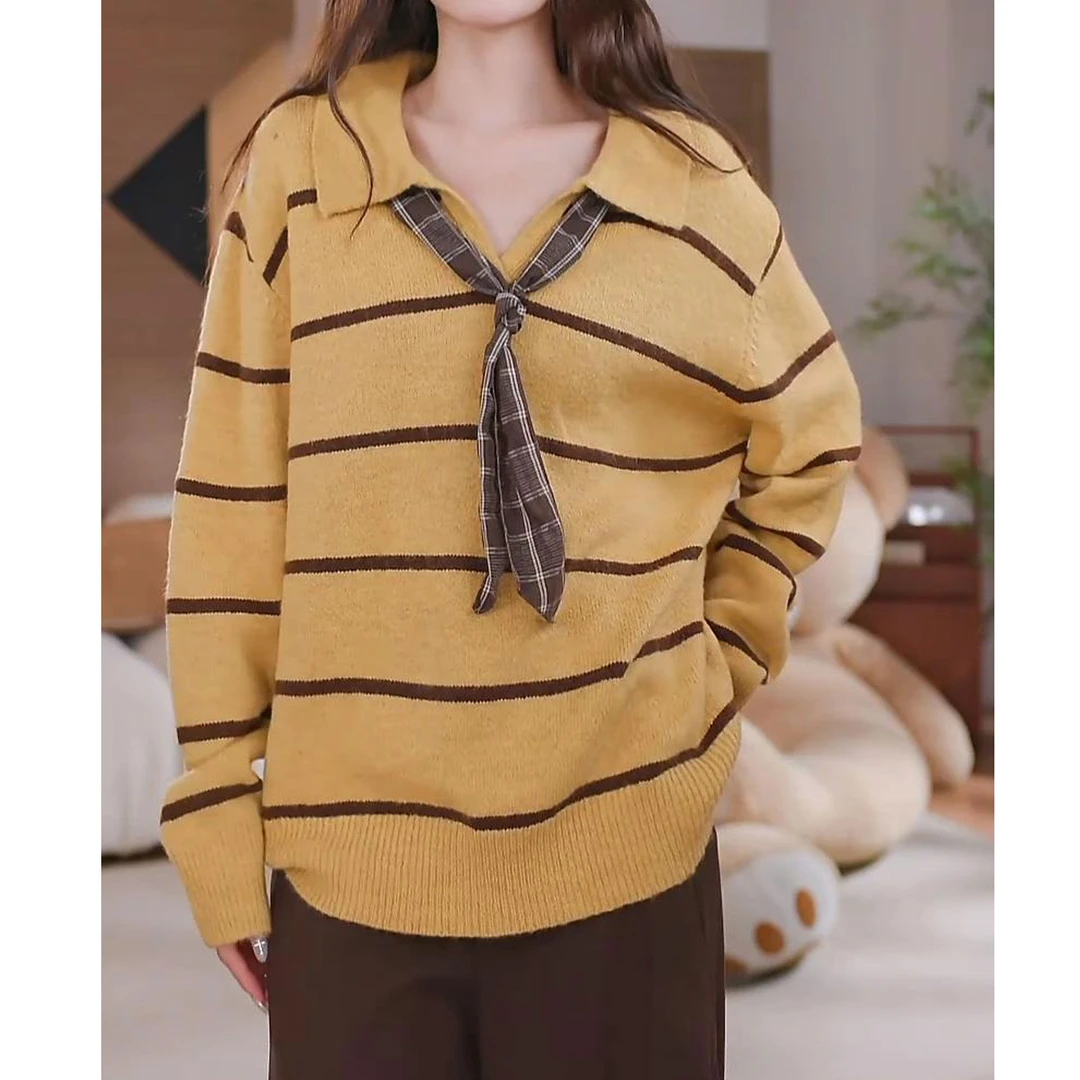 韩系宽松显瘦长袖上衣2025秋冬新款时尚黄色POLO领条纹套头毛衣潮
