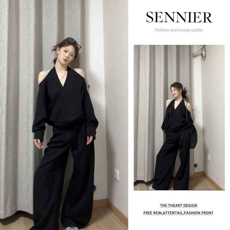 今年流行穿搭女2025新款设计感挂脖露肩长袖上衣显瘦阔腿裤两件套