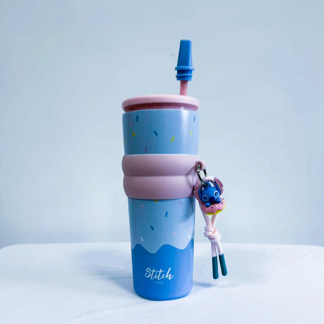 美食派对系列甜甜圈双层吸管钢杯（史迪奇）网红吸管杯可爱饮水杯