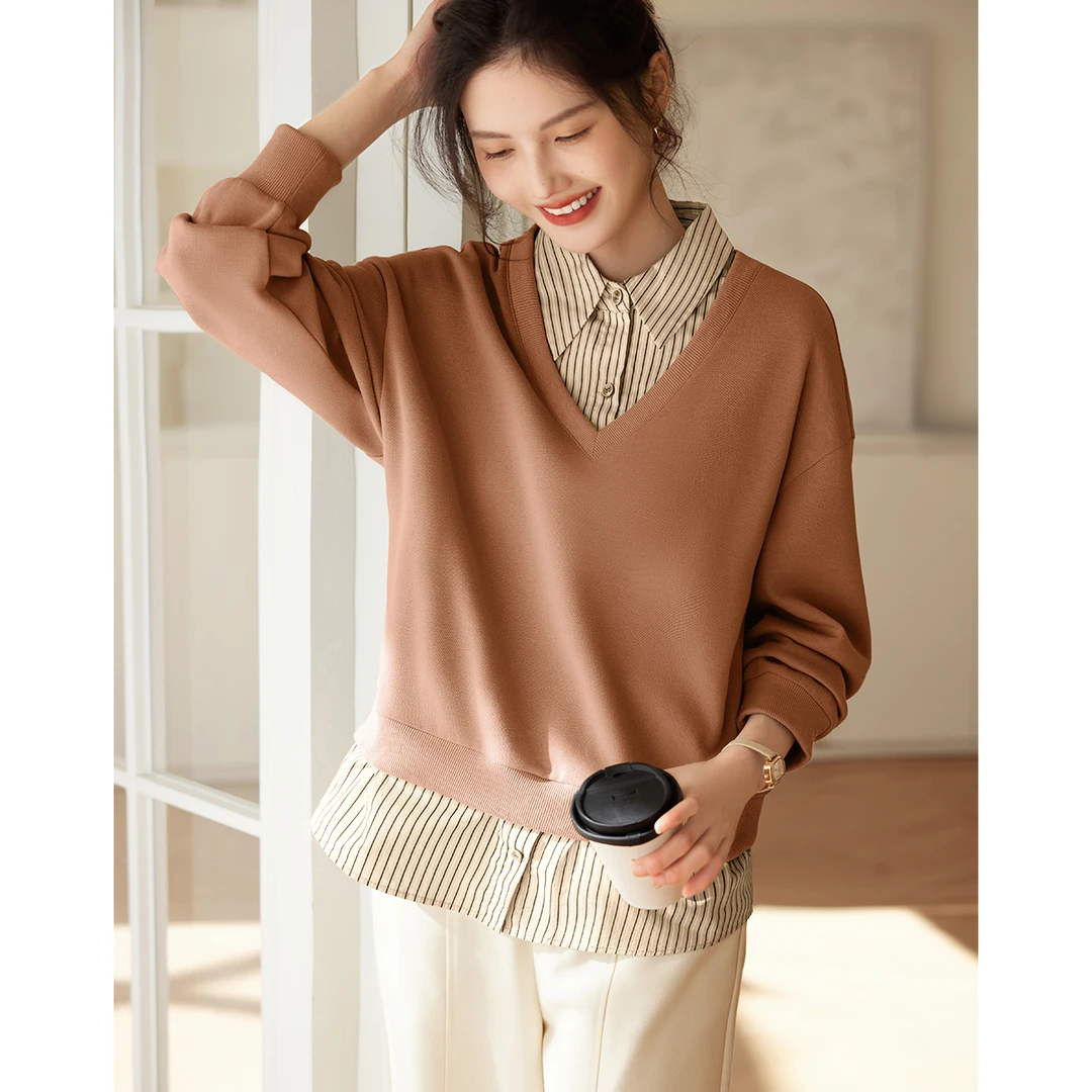 XWI/欣未2025春季新款假两件撞色条纹针织拼接衬衫领百搭卫衣1949