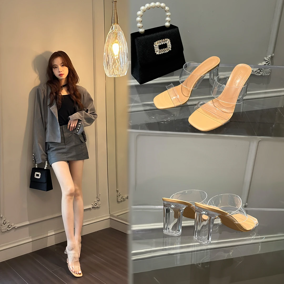 曼尼诗 透明一字带凉鞋女气质百搭2025夏季仙女风水晶粗跟高跟鞋
